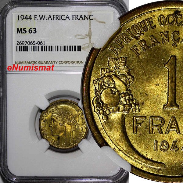 French West Africa Aluminum-Bronze 1944-L 1 Franc NGC MS63 Laureate Head KM2 (1)
