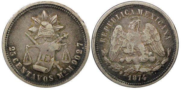 MEXICO Silver 1874 Mo M 25 Centavos Toned Mexico City Mint KM#406.7 (22 368)