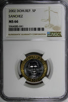 Dominican Republic Sánchez 2002 5 Pesos Magnetic NGC MS66 GEM BU KM# 89 (041)