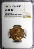 India-British George V Bronze 1936 (B) 1/4 Anna NGC MS66 RB GEM BU KM# 512 (19)