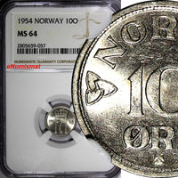 NORWAY Haakon VII Copper-Nickel 1954 10 Ore NGC MS64 KM# 396 (057)