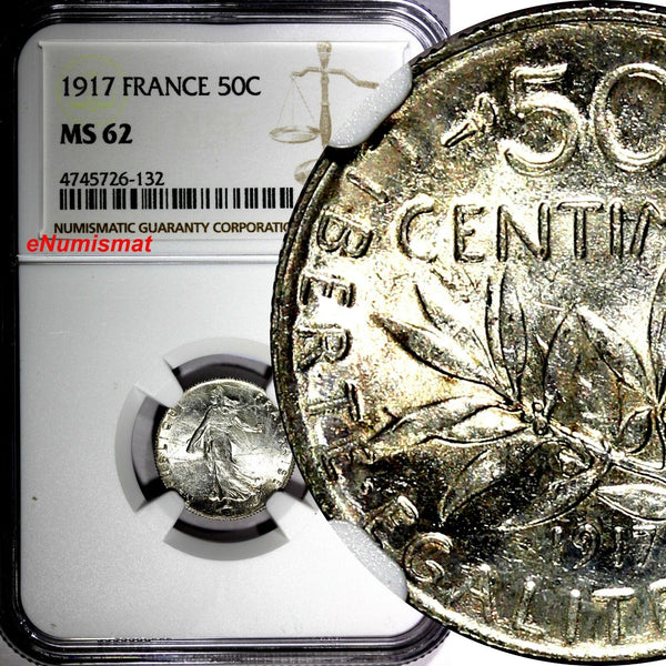FRANCE Silver 1917 50 Centimes NGC MS62  KM# 854 (132)