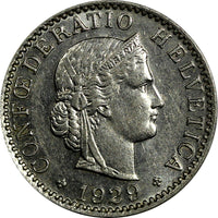 Switzerland 1929 B 20 Rappen UNC Condition CONFOEDERATIO HELVETICA KM# 29 (651)