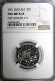 Dominican Republic Nickel Clad Steel 1991 25 Centavos NGC UNC DET. KM# 71.1 (7)