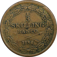 SWEDEN Oscar I (1844-1859) Copper 1854 1/3 Skilling Mintage-494,928 KM# 657 (93)