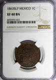 Mexico Copper 1863 SLP 1 Centavo San Luis Potosi NGC XF40 BN SCARCE KM#390.1 (2)