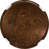 Finland Copper 1928 5 Penniä NGC MS63 RB TOP  GRADED KM# 22 (028)