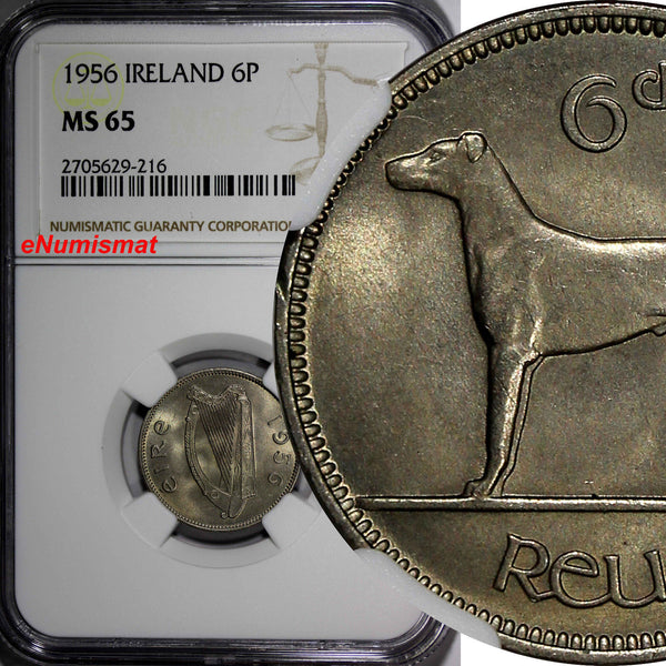 Ireland Republic 1956 6 Pence NGC MS65 Light Toned Irish Wolfhound KM# 13a (216)