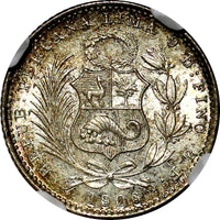 Peru Silver 1906 JF 1 Dinero NGC MS65 Mintage-826,000 Liberty Toning KM#204.2(8)