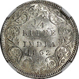 India-British Victoria Silver 1862 (C) 1/4 Rupee Calcutta NGC MS63 KM# 470 (025)