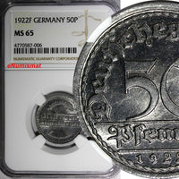 Germany, Weimar Republic Aluminum 1922 F 50 Pfennig NGC MS65 TOP GRADED KM27 (6)