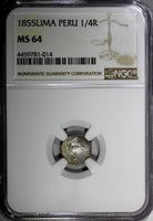 PERU Silver 1855 LIMA 1/4 Real NGC MS64 Light Toned  KM# 143.1 (014)