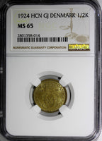 DENMARK Christian X Aluminum-Bronze 1924 HCN GJ 1/2 Krone NGC MS65 KM# 831.1 (4)