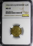 DENMARK Christian X Aluminum-Bronze 1924 HCN GJ 1/2 Krone NGC MS65 KM# 831.1 (4)