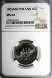 POLAND Copper-Nickel 1985 MW 10 Złotych NGC MS66 ONLY 1 GRADED HIGHEST Y# 152.1