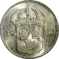 SWEDEN Gustaf V Silver 1918 W 10 Öre UNC TONED KM# 780 (21 909)