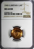 Great Britain George VI Bronze 1945 Farthing NGC MS64 RB RED TONING KM# 843 (60)