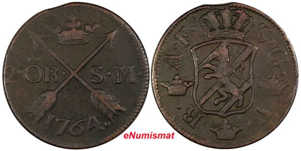 SWEDEN Adolf Frederick Copper 1764 S.M. 2 Öre SCARCE KM# 461 (10 528)