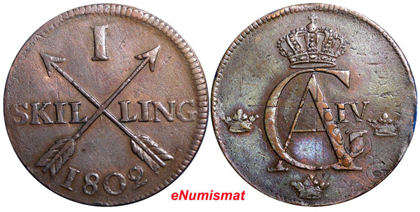 SWEDEN COPPER 1802  1 SKILLING OVERSTRUCK ON 2 ORE S.M. 176?  KM#566 (2348)