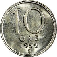Sweden Gustaf V (1907-1950) Silver 1950 10 Öre UNC KM# 813 (22 060)