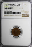 Norway Haakon VII Bronze 1937 1 Ore NGC MS64 BN TOP GRADED BY NGC KM# 367