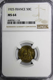 France Aluminum-Bronze 1925 50 Centimes NGC MS64 TOP GRADED BY NGC KM# 884