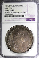 SWEDEN Gustaf III Silver 1781/0 Riksdaler NGC AU DET. OVERDATE KM# 527 (040)