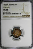 GREAT BRITAIN George V 1920  4 Pence Maundy NGC MS63 Rainbow Toned KM# 814 (67)