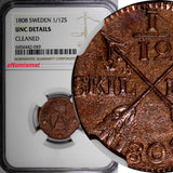 SWEDEN Gustaf IV Copper 1808 1/12 Skilling NGC UNC DETAILS RED ! KM# 563 (049)