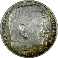 Germany - Third Reich Silver 1939 D 5 Reichsmark Hindenburg XF Cond.KM# 94(17056