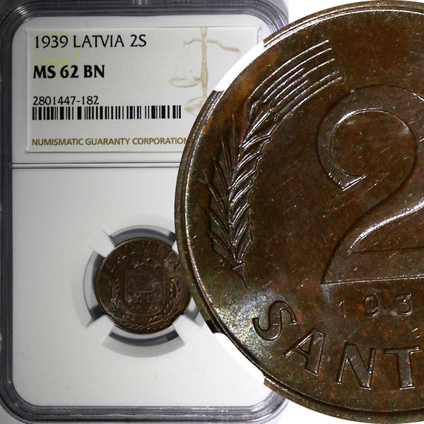 Latvia Bronze 1939 2 Santimi NGC MS62 BN 1 YEAR TYPE KM# 11.2 (182)