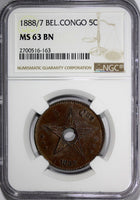 Belgian Congo Leopold II 1888/7 5 Centimes OVERDATE NGC MS63 BN KM# 3 (163)