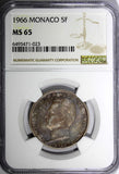 Monaco Silver 1966 5 Francs NGC MS65 TOP GRADED NICE RAINBOW TONED KM# 141 (23)