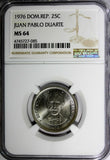 DOMINICAN REPUBLIC 1976 25 Centavos NGC MS64 Death of Juan Pablo Duarte KM# 43