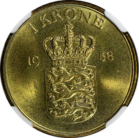 DENMARK Frederik IX 1958 C S 1 Krone NGC MS65 GEM BU COIN   KM# 837.2 N/R