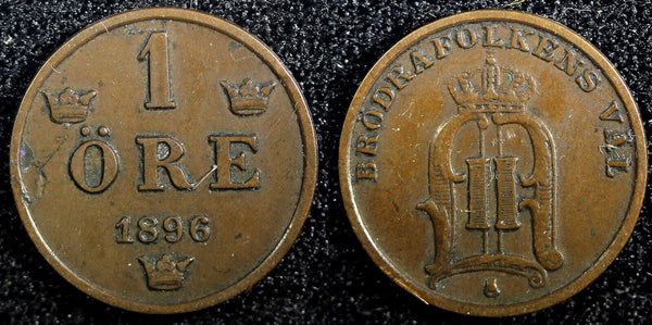 Sweden Oscar II Bronze 1896 1 Öre Extra Large letters KM# 750  (23 148)