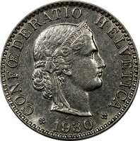 Switzerland Nickel 1930 B 20 Rappen Unc Condition KM# 29