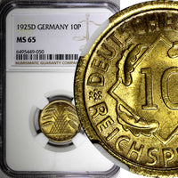 Germany 1925 D 10 Reichspfennig NGC MS65 ONLY 1 GRADED HIGHEST KM# 40 (50)