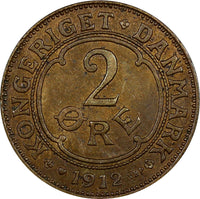 Denmark Frederik VIII Bronze 1912 VBP; GJ  2 Ore Choice XF KM# 805