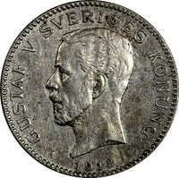 SWEDEN Gustaf V Silver 1918 W 1 Krona Low Mintage-258,091 VERY RARE KM#786.1