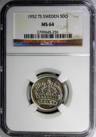 Sweden Gustaf VI Silver 1952 TS 50 Ore NGC MS64 Better Date KM# 825 (256)