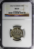 Sweden Gustaf VI Silver 1952 TS 50 Ore NGC MS64 Better Date KM# 825 (256)