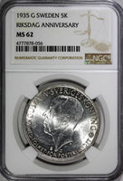 SWEDEN Silver 1935 G 5 Kronor NGC MS62 500th Anniversary of Riksdag KM# 806 (56)