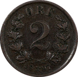 NORWAY Oscar II Bronze 1897 2 Ore Lion  KM# 353 (20 843)