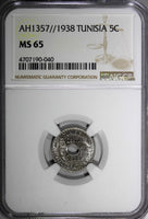 Tunisia Nickel-Bronze  AH1357 1938 5 Centimes NGC MS65 KM# 258 (040)