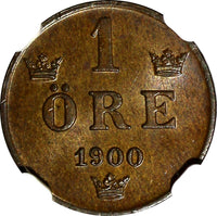 Sweden Oscar II Bronze 1900 1 Ore NGC MS64 BN 1 GRADED HIGHEST KM# 750 (083)