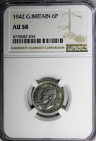 Great Britain George VI Silver 1942 6 Pence NGC AU58 KM# 852 (034)