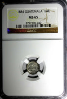 GUATEMALA Silver 1884 1/4 Real NGC MS65 Low Mintage-100,000 KM# 151
