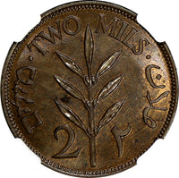 PALESTINE British Mandate Bronze 1941 2 Mils NGC MS63 BN 28mm KM# 2