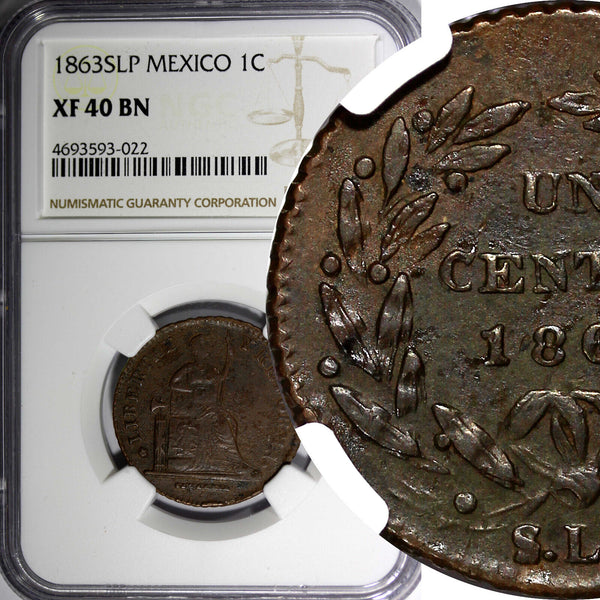 Mexico Copper 1863 SLP 1 Centavo San Luis Potosi NGC XF40 BN SCARCE KM#390.1 (2)